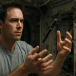 Astronaut with a floating pen in zero gravity environment.