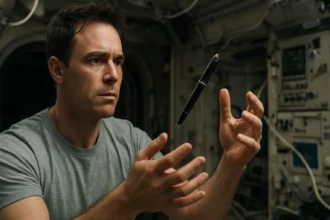 Astronaut with a floating pen in zero gravity environment.