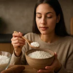 Žena ochutnávajúca tapioku z drevenej lyžice v kuchyni