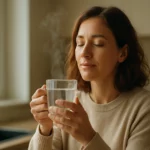 Žena si vychutnáva teplú vodu v útulnom prostredí.