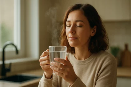 Žena si vychutnáva teplú vodu v útulnom prostredí.