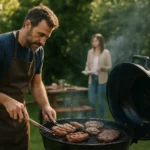 Muž griluje šťavnaté steaky na guľovom grile v prírode.