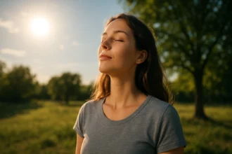 Žena vychutnávajúca slnečné žiarenie v prírode