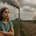 Dieťa smútiace pred znečistenou krajinou a továreňou
