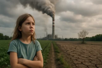 Dieťa smútiace pred znečistenou krajinou a továreňou