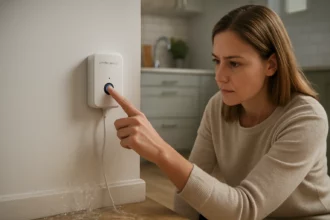 Žena ovládajúca zariadenie na prevenciu vodných škôd v domácnosti.