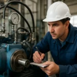 Pracovník kontroluje hydrostatický pohon a jeho komponenty.