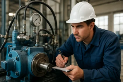 Pracovník kontroluje hydrostatický pohon a jeho komponenty.