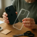 Žena prispôsobujúca puzdro na iPhone 16 s transparentným krytom a doplnkami.