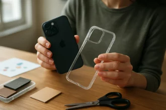 Žena prispôsobujúca puzdro na iPhone 16 s transparentným krytom a doplnkami.