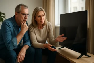 Dvojica zamýšľa pri výbere LED TV a diskutuje o výhodách