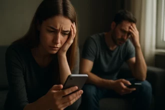 Žena a muž znepokojení používaním sociálnych médií.