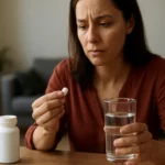 Žena drží tabletku sukralfátu a pohár vody, zamyslená