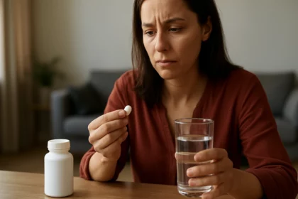 Žena drží tabletku sukralfátu a pohár vody, zamyslená