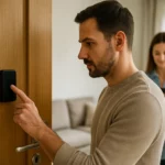 Muž používajúci optický senzor na dverách, žena s mobilným telefónom v pozadí.