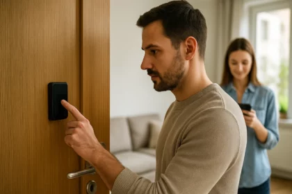 Muž používajúci optický senzor na dverách, žena s mobilným telefónom v pozadí.