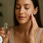 Žena aplikuje kokosový olej na pleť, objavuje jeho výhody.