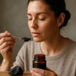 Žena užívajúca shilajit so lyžičkou zo sklenenej nádoby.