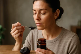 Žena užívajúca shilajit so lyžičkou zo sklenenej nádoby.