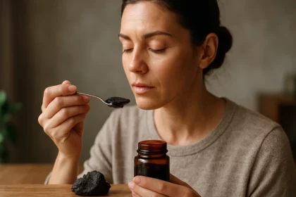 Žena užívajúca shilajit so lyžičkou zo sklenenej nádoby.