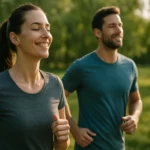 Pár cvičiaci v prírode, symbolizujúci zdravý životný štýl.