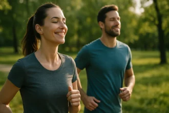 Pár cvičiaci v prírode, symbolizujúci zdravý životný štýl.