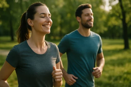 Pár cvičiaci v prírode, symbolizujúci zdravý životný štýl.