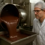 Pracovník sleduje čokoládové čerpadlo pri práci vo výrobni.