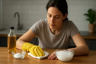 Žena čistiaca stôl octom a jedlou sódou