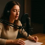 Žena nahráva audio s mikrofónom a slúchadlami.