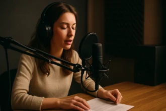 Žena nahráva audio s mikrofónom a slúchadlami.