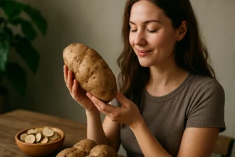 Žena objíma mexický yam koreň, ktorý má zdravotné výhody.