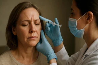 Žena absolvuje botoxovú liečbu na odstránenie vrások.