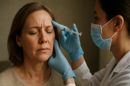 Žena absolvuje botoxovú liečbu na odstránenie vrások.