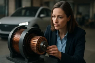 Žena analyzujúca elektromagnetický motor v súvislosti s inováciami v doprave