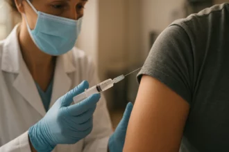 Zdravotnícky pracovník aplikuje injekciu pacientovi