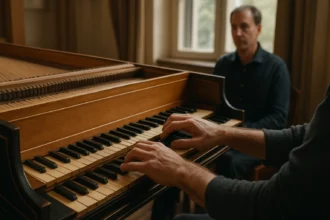 Rukou hráča na čembale, pohľad na nástroj so zameraním na klávesy.