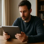 Muž používa tablet na stole, zapojený do moderných technológií.