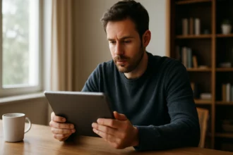 Muž používa tablet na stole, zapojený do moderných technológií.