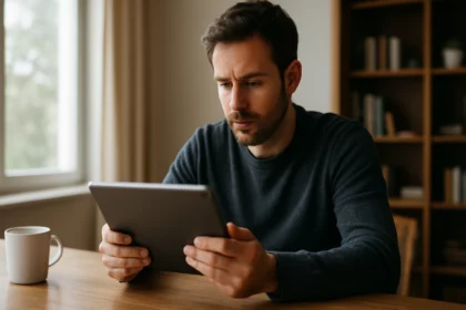 Muž používa tablet na stole, zapojený do moderných technológií.