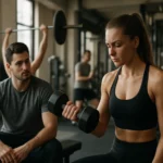 Žena cvičí s činkou v posilňovni, zatiaľ čo muž ju sleduje