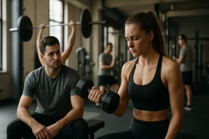 Žena cvičí s činkou v posilňovni, zatiaľ čo muž ju sleduje