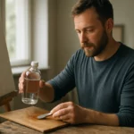 Muž pripravujúci terpentínový olej na drevo.