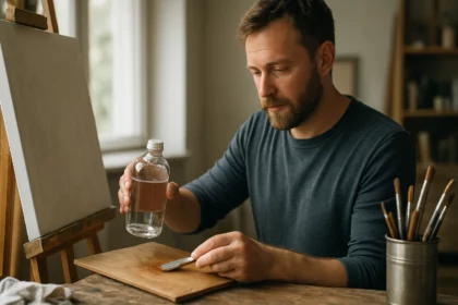 Muž pripravujúci terpentínový olej na drevo.