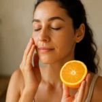 Žena sa dotýka svojej pleti s pomarančom v ruke.