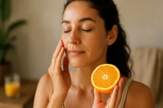 Žena sa dotýka svojej pleti s pomarančom v ruke.