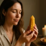 Žena drží žltý jaspis, pôsobiaci na energiu a harmóniu.