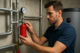 Muž pracuje s automatickým odvzdušňovačom Flamco v vykurovacom systéme.