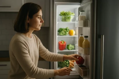 Žena kontroluje čerstvé potraviny v chladničke