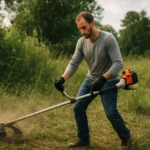 Muž používa krovinorez na údržbu záhrady